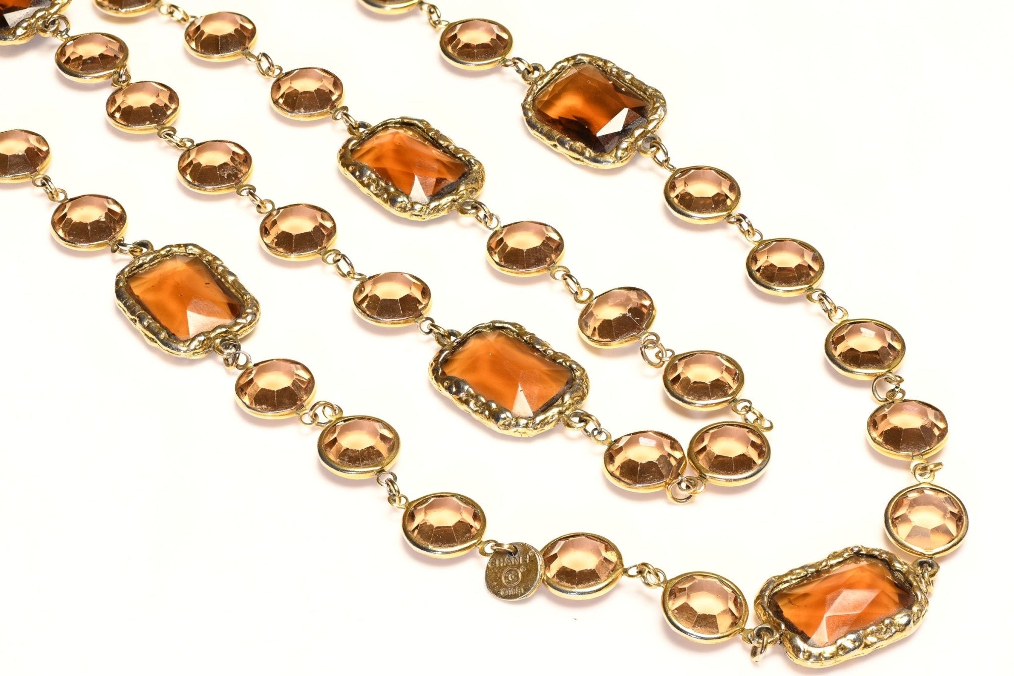 Chanel Paris 1981 Gold Plated Amber Brown Color Crystal Chiclet Sautoir Necklace - DSF Antique Jewelry
