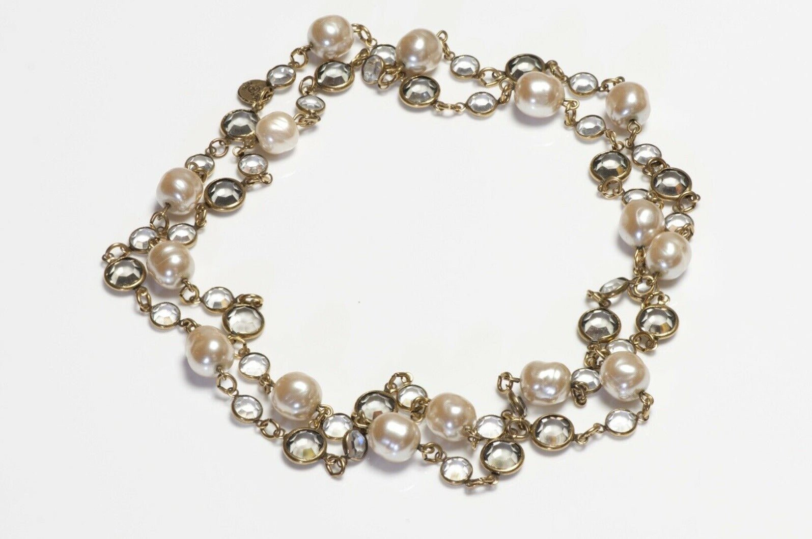 CHANEL Paris 1981 Gold Plated Faux Pearl Crystal Chain Sautoir Necklace - DSF Antique Jewelry