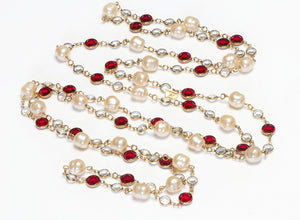 Chanel Paris 1981 Red Clear Crystal Pearl Sautoir Chain Necklace