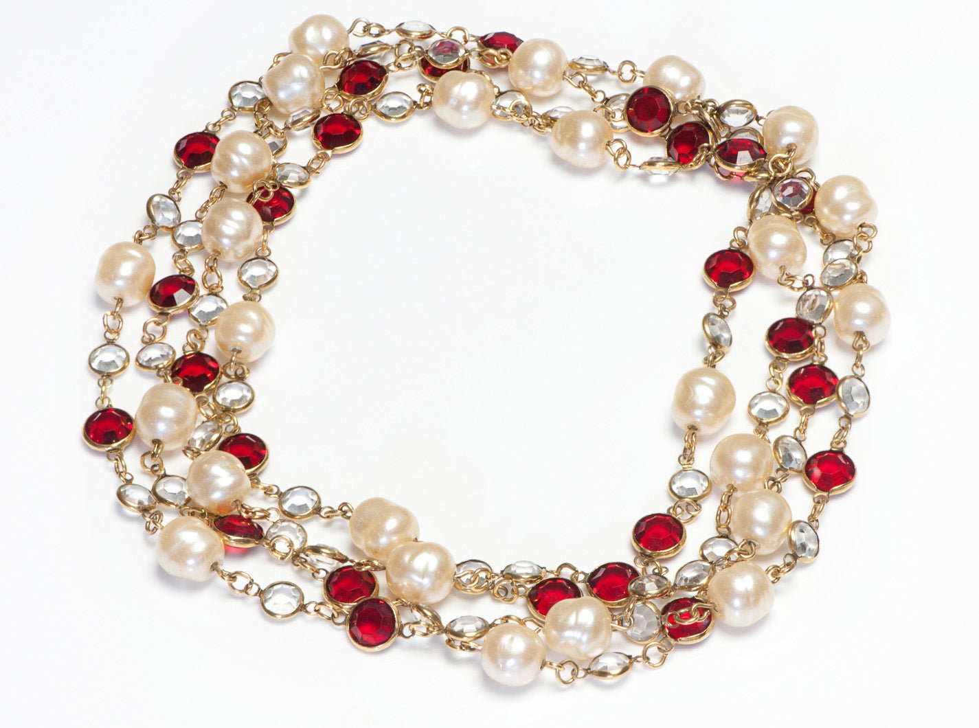 Chanel Paris 1981 Red Clear Crystal Pearl Sautoir Chain Necklace