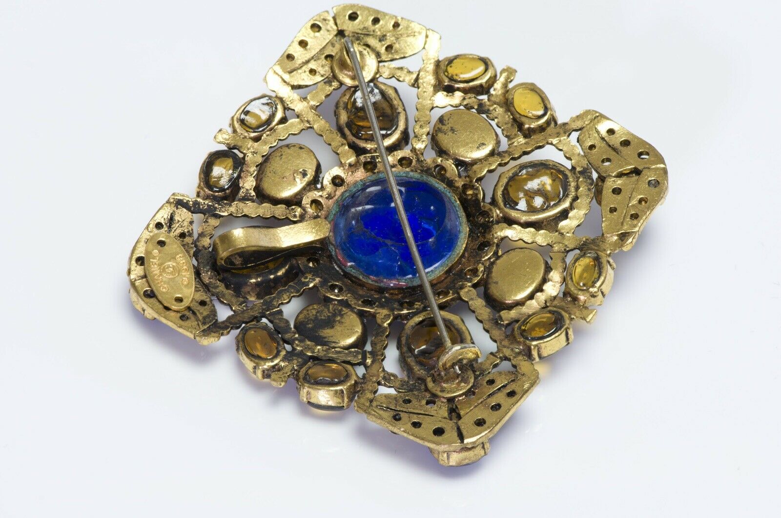 CHANEL Paris 1983 Maison Gripoix Blue Yellow Poured Glass Crystal Pendant Brooch