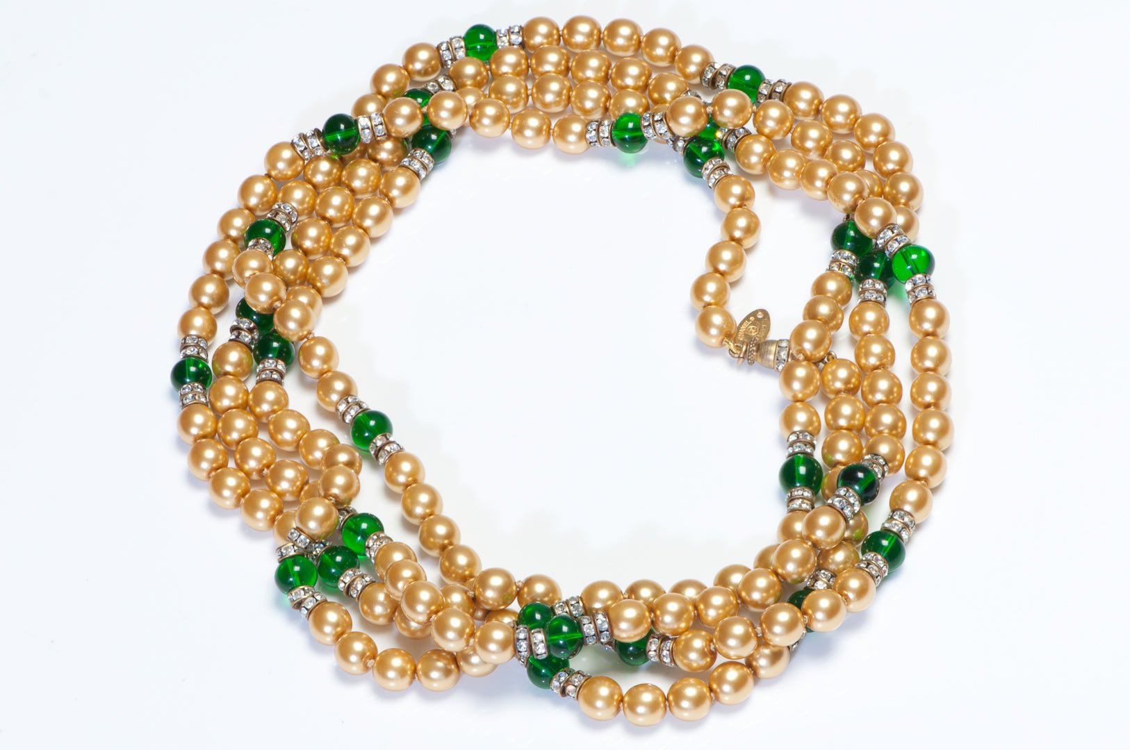 Chanel Paris 1983 Maison Gripoix Green Glass Beads Gold Pearl Sautoir Necklace