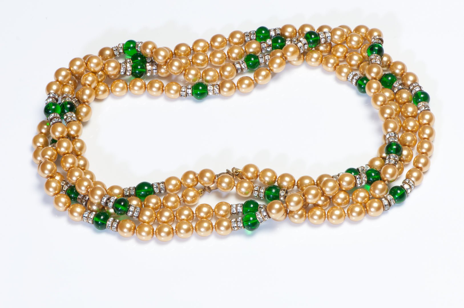 Chanel Paris 1983 Maison Gripoix Green Glass Beads Gold Pearl Sautoir Necklace