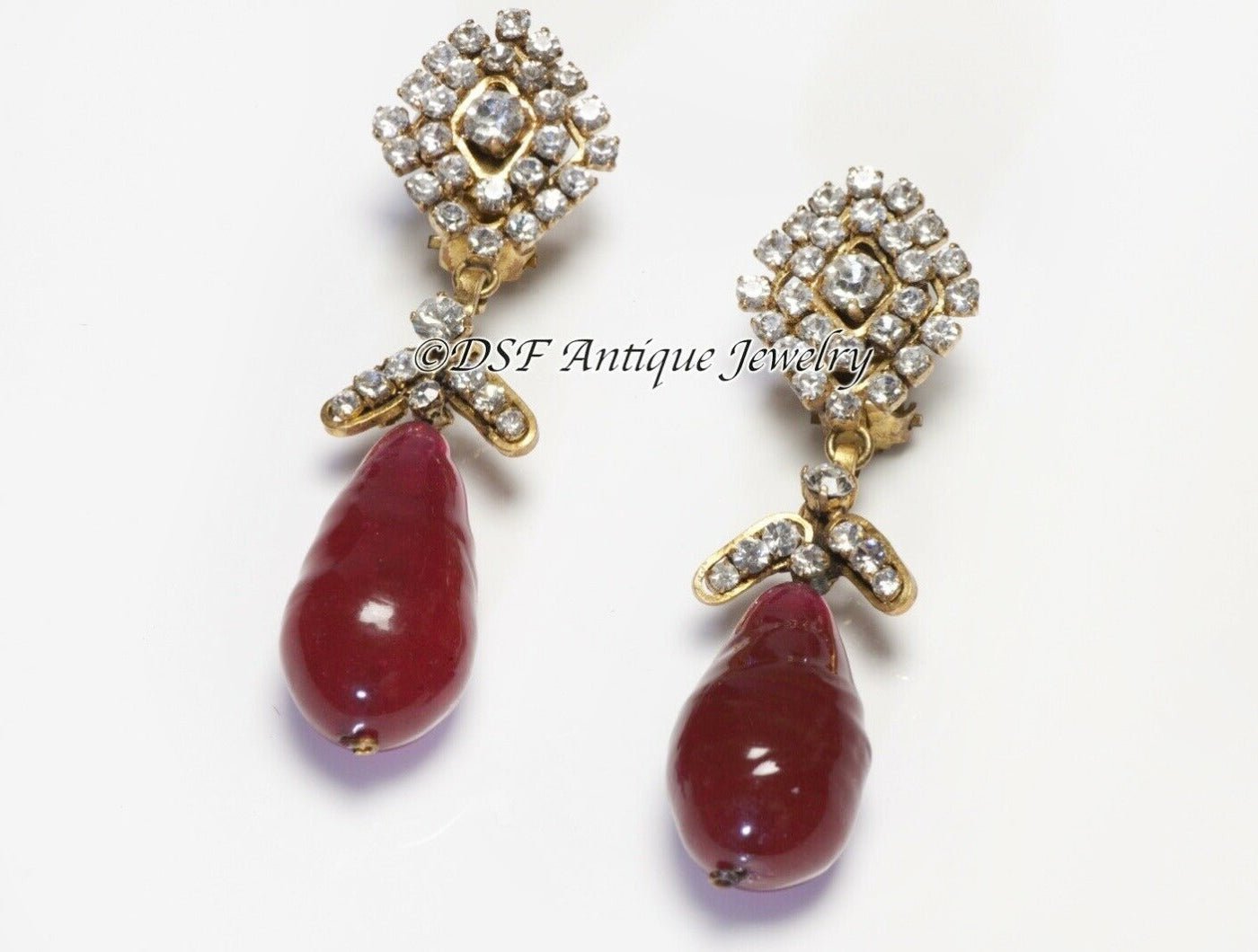CHANEL Paris 1983 Maison Gripoix Red Poured Glass Crystal Drop Earrings - DSF Antique Jewelry