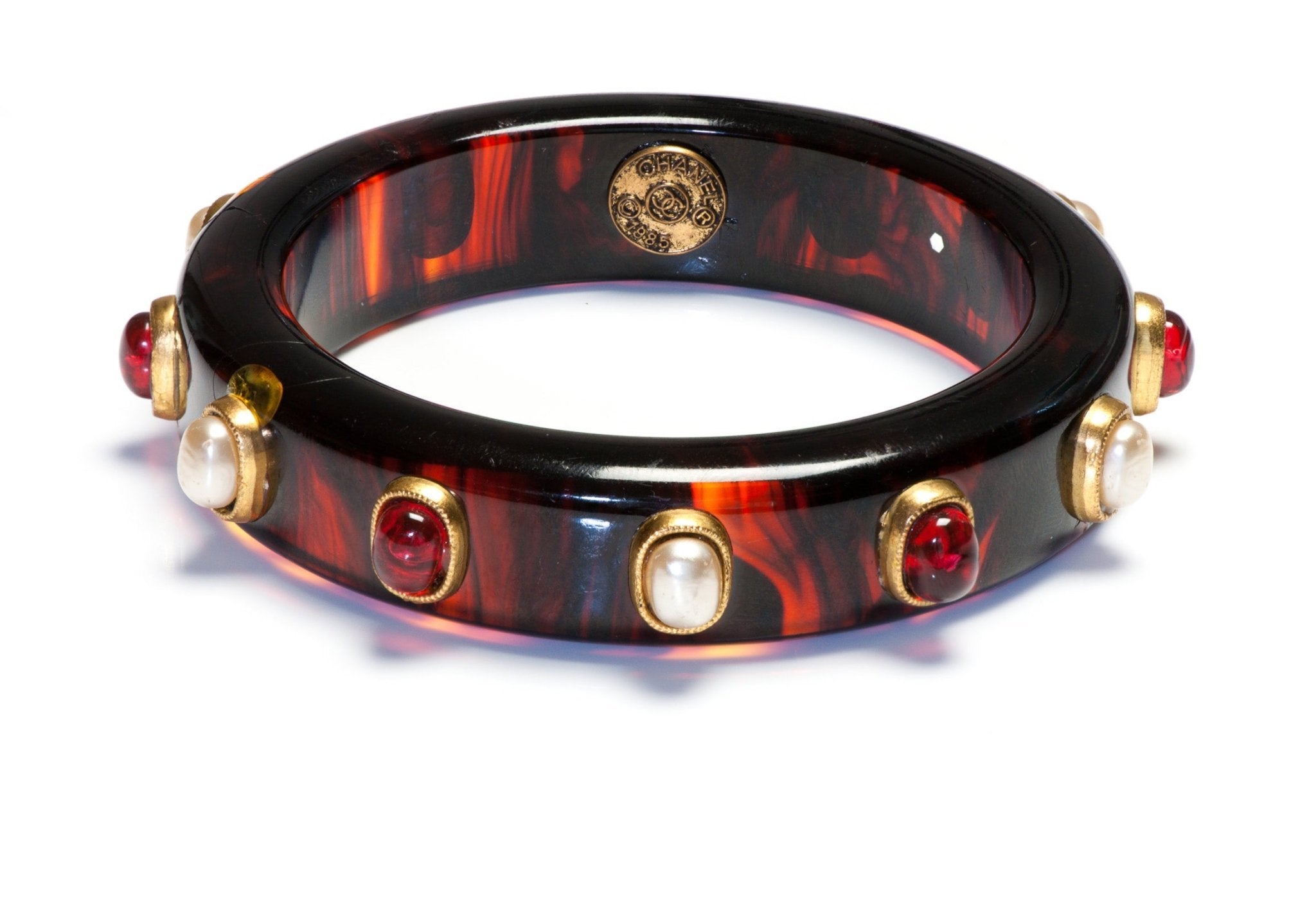 Chanel Paris 1985 Maison Gripoix Red Glass Pearl Brown Resin Bangle Bracelet