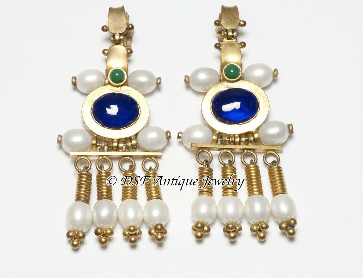 CHANEL Paris 1989 Gripoix Byzantine Style Pearl Blue Green Glass Earrings - DSF Antique Jewelry