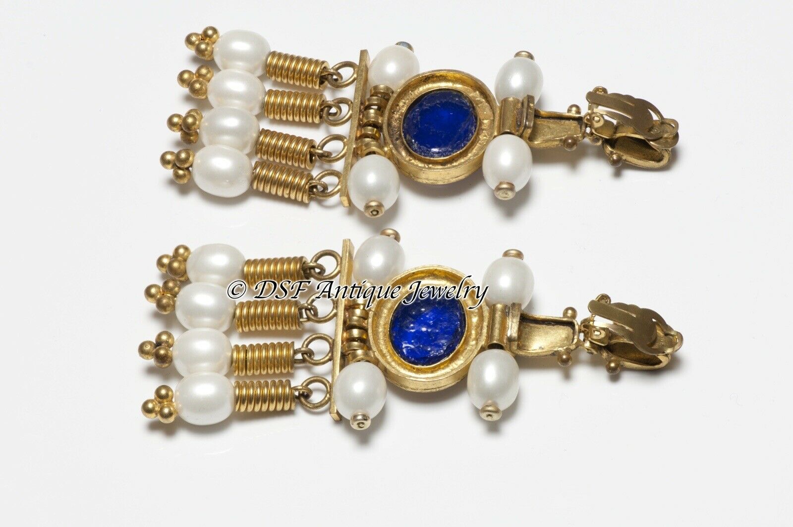 CHANEL Paris 1989 Gripoix Byzantine Style Pearl Blue Green Glass Earrings
