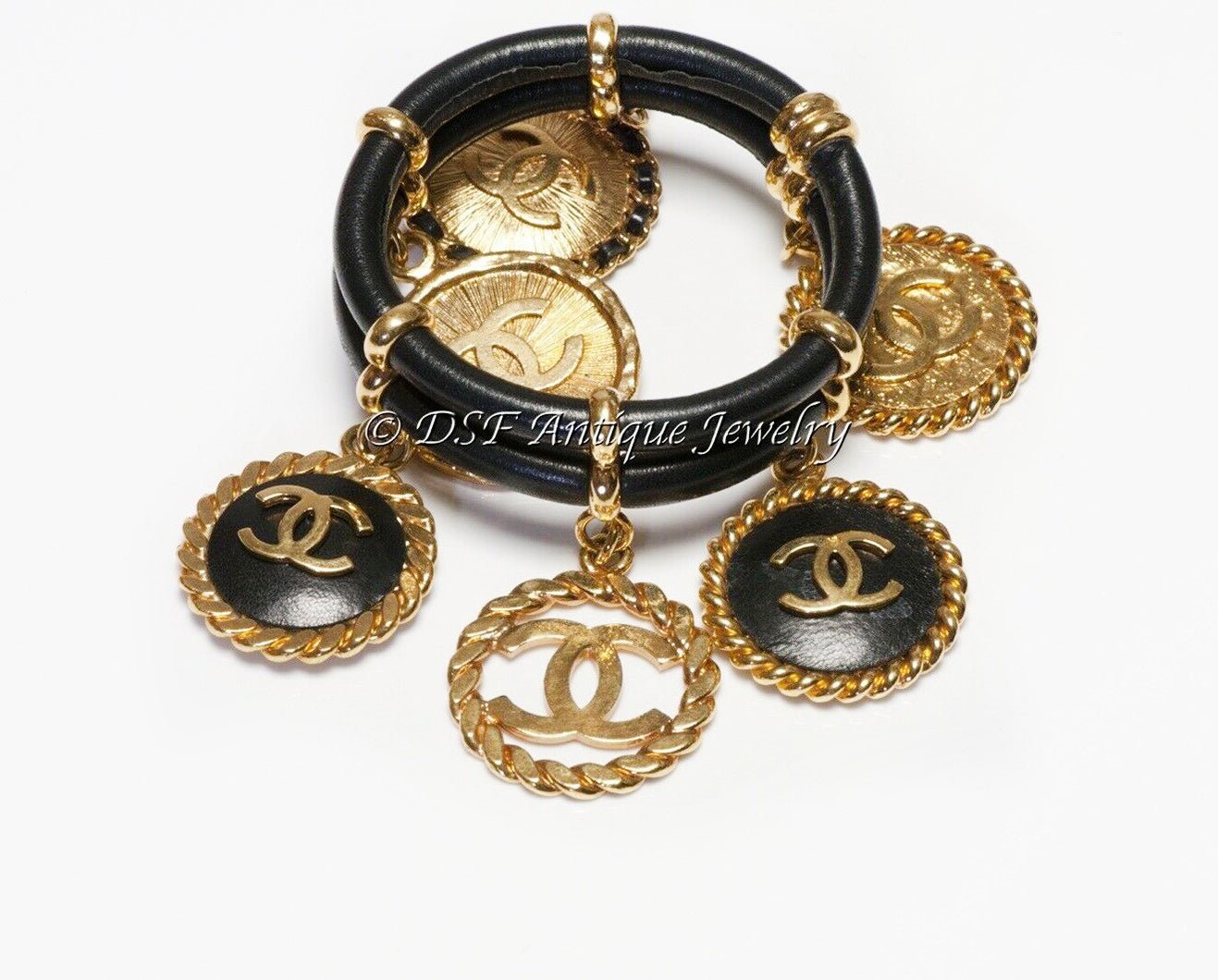 CHANEL Paris 1990’s Black Leather CC 6 Charm Bangle Bracelet