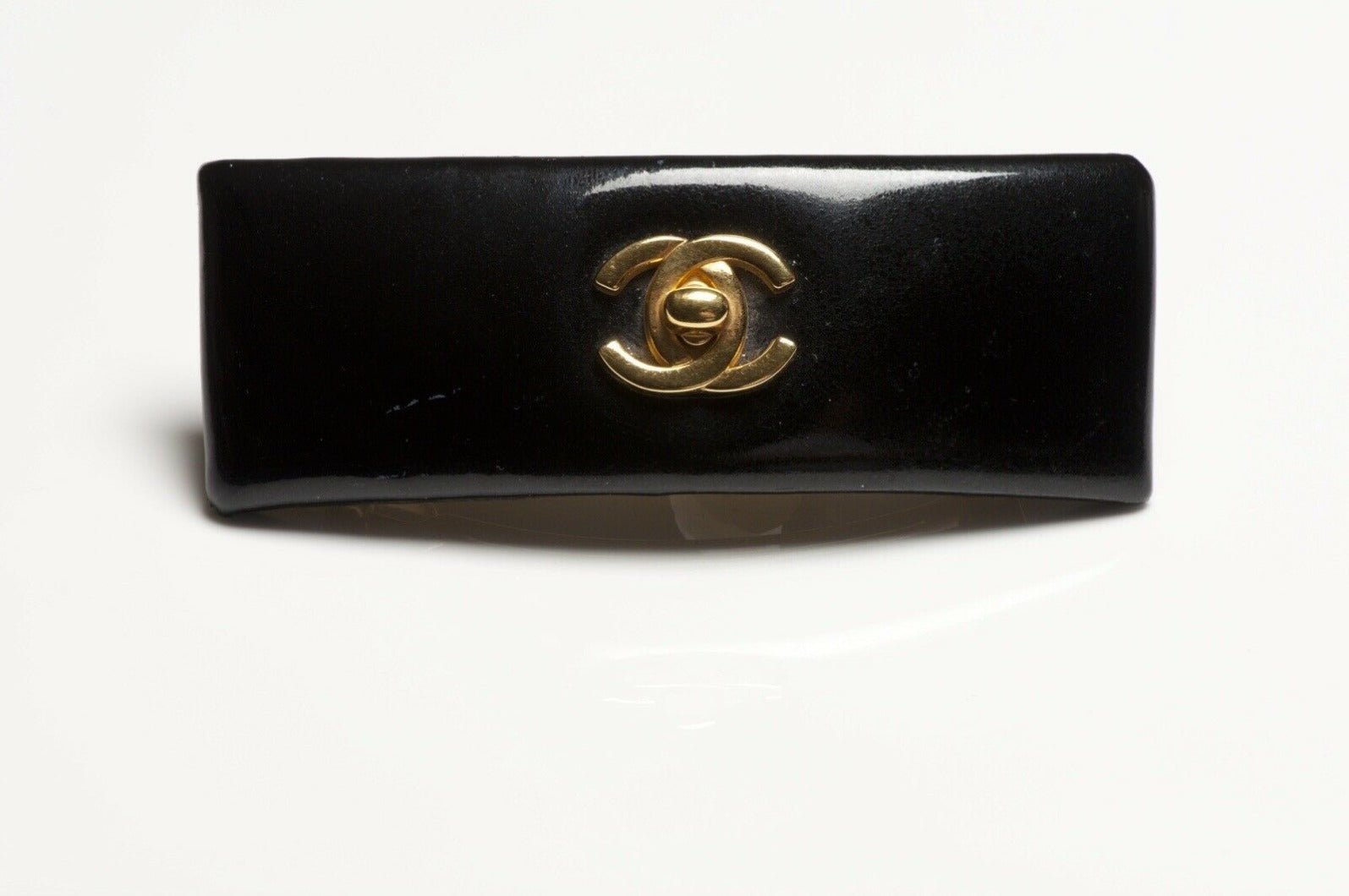 CHANEL Paris 1990’s Black Patent Leather CC Turn Lock Hair Clip Barrette