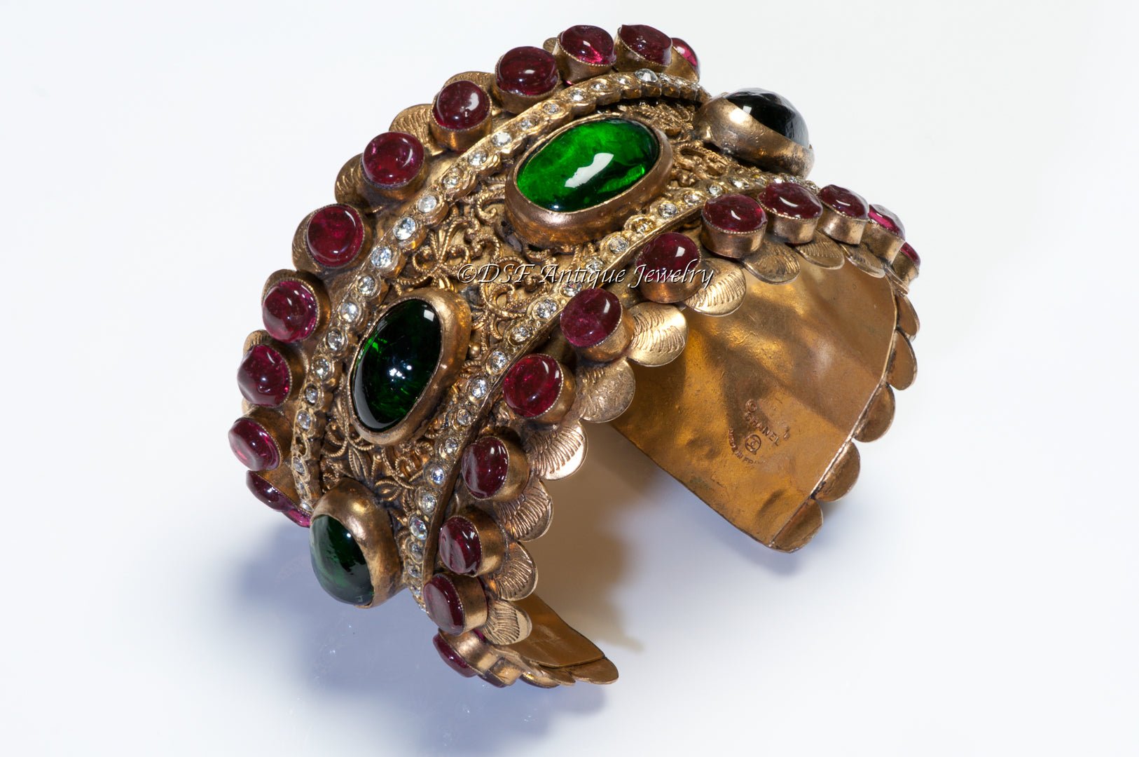 Chanel Paris 1990’s Byzantine Style Gripoix Green Red Glass Cuff Bracelet