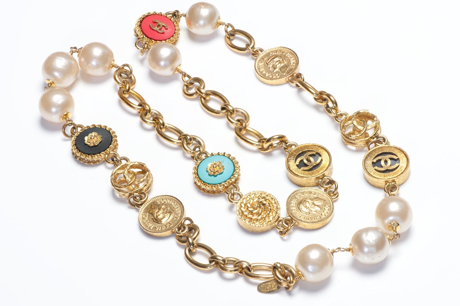 Chanel Paris 1990’s CC Camellia Red Blue Coin Charm Pearl Chain Sautoir Necklace