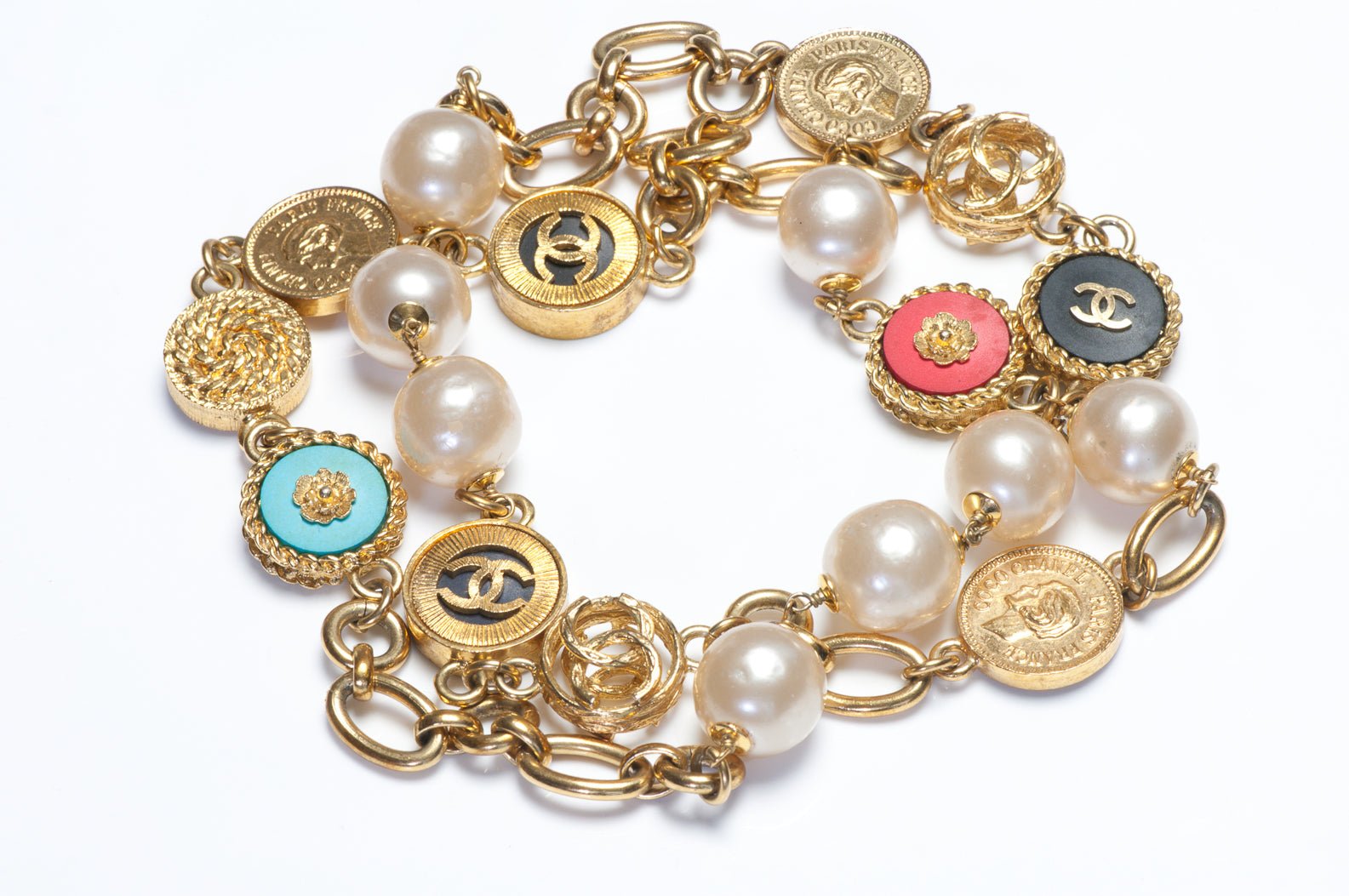 Chanel Paris 1990’s CC Camellia Red Blue Coin Charm Pearl Chain Sautoir Necklace