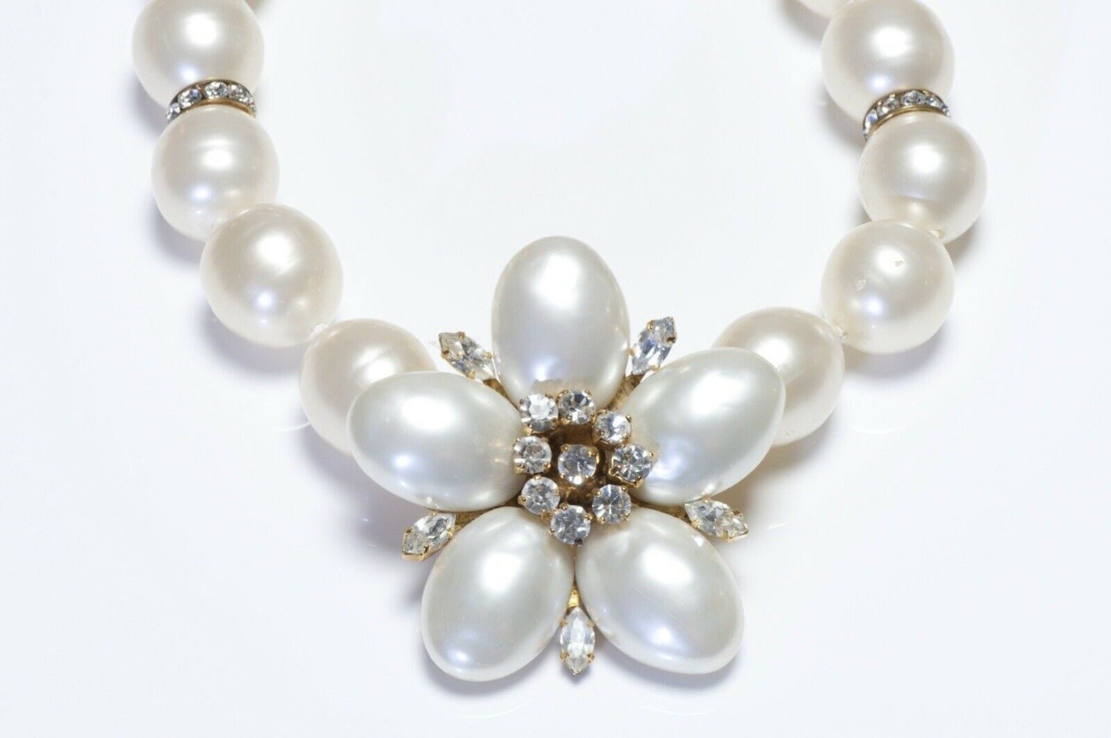 CHANEL Paris 1990’s Faux Pearl Glass Crystal Camellia Necklace