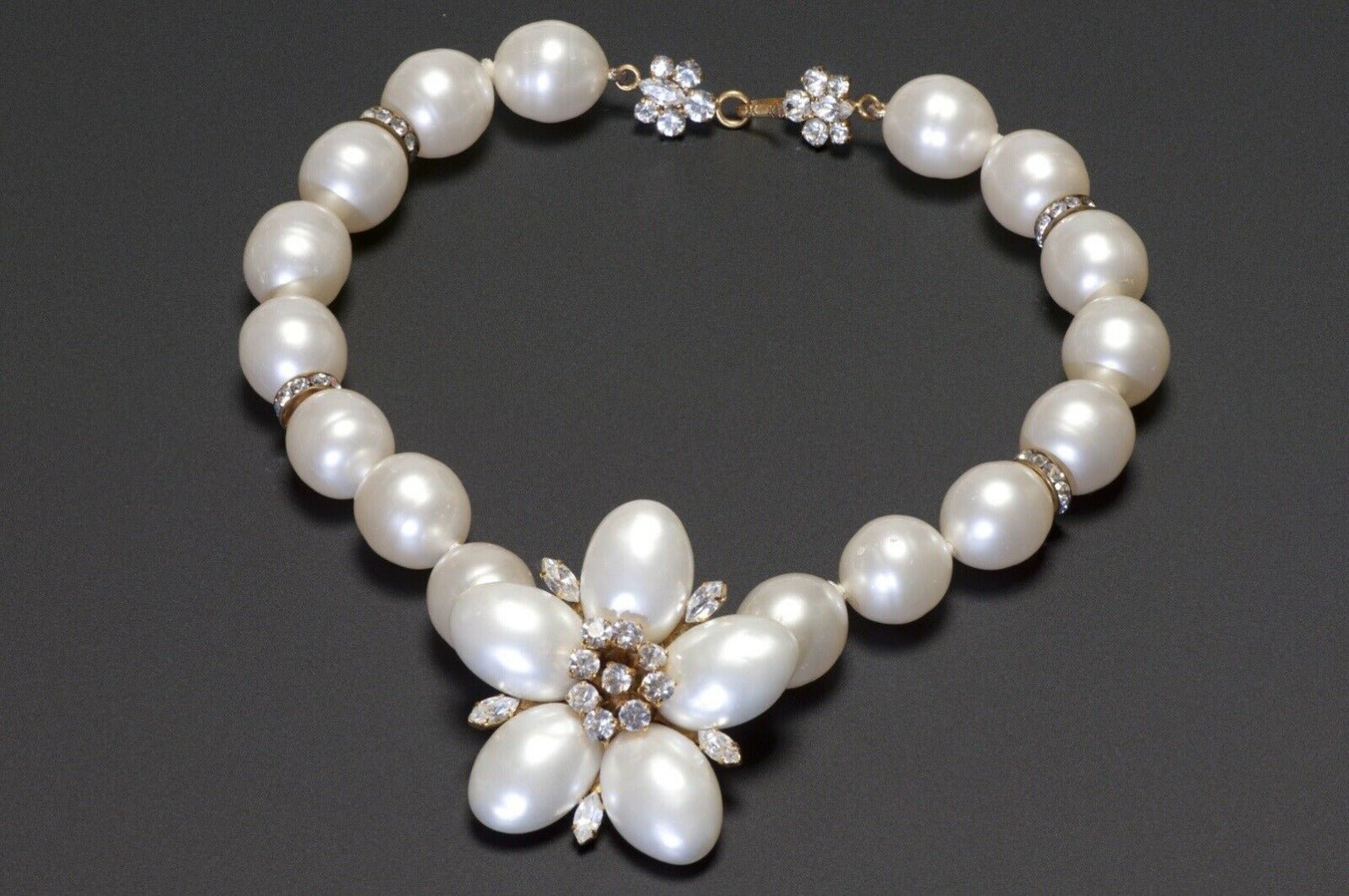 CHANEL Paris 1990’s Faux Pearl Glass Crystal Camellia Necklace