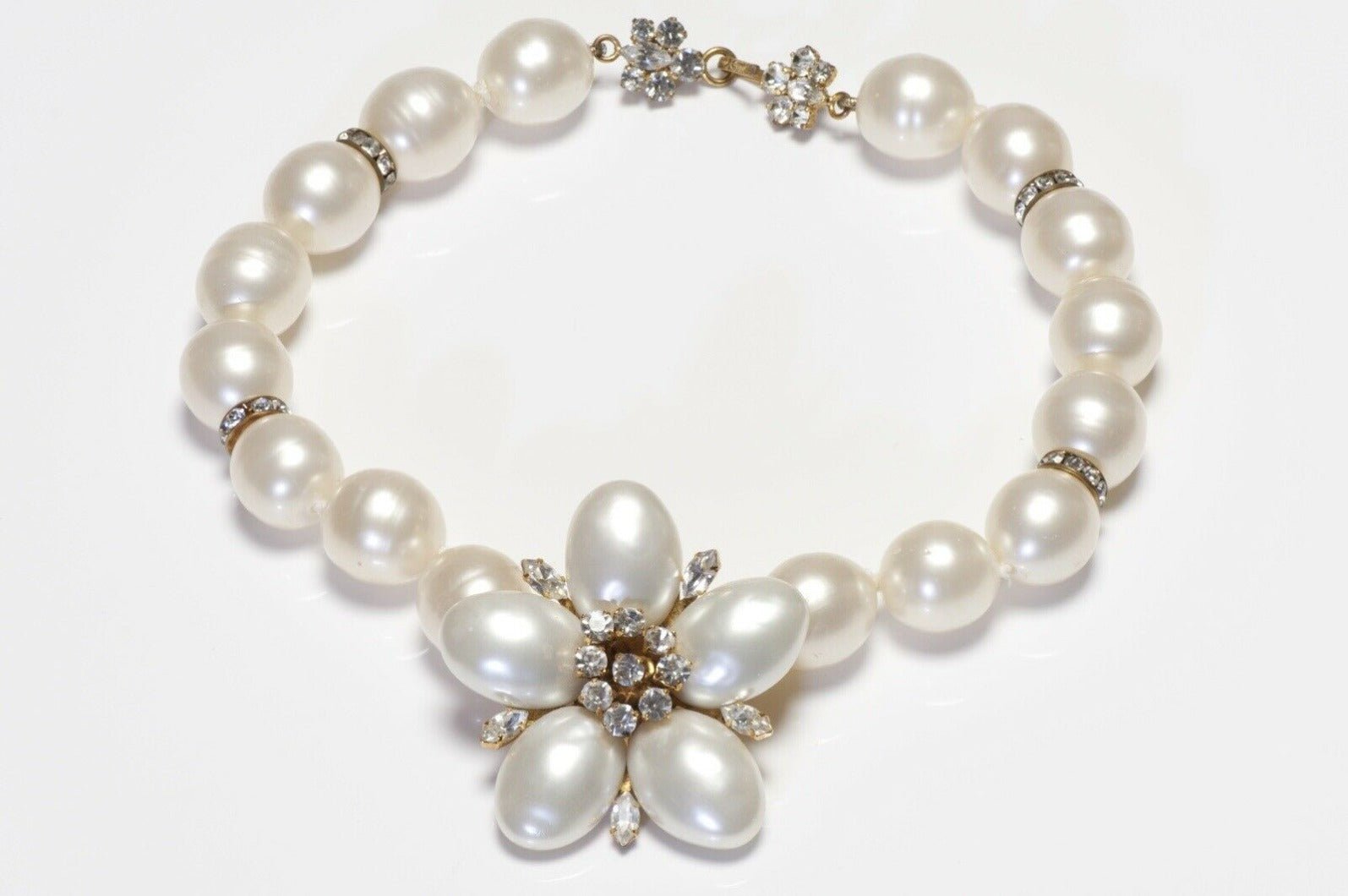 CHANEL Paris 1990’s Faux Pearl Glass Crystal Camellia Necklace