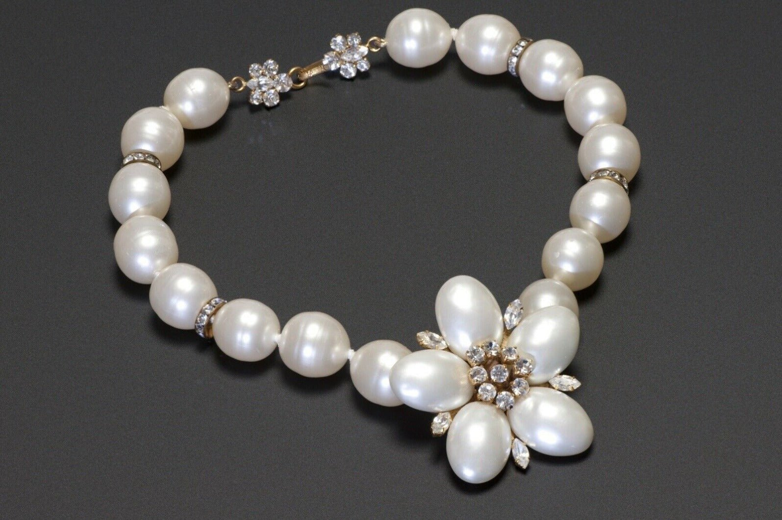 CHANEL Paris 1990’s Faux Pearl Glass Crystal Camellia Necklace