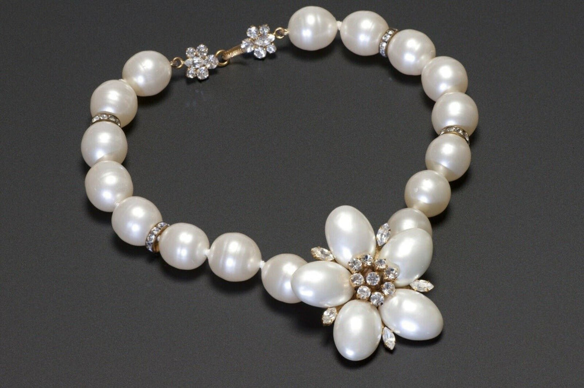 Chanel Paris 1990’s Faux Pearl Glass Crystal Camellia Necklace