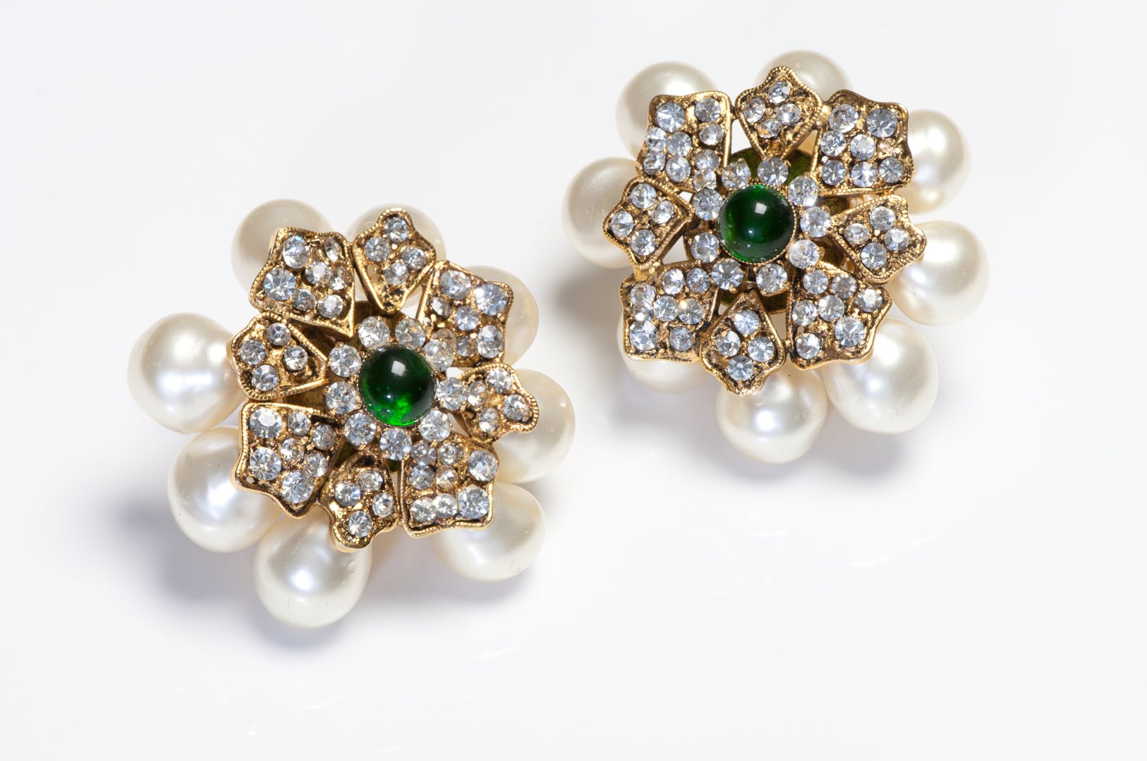 Chanel Paris 1990’s Gripoix Green Glass Crystal Pearl Camellia Flower Earrings