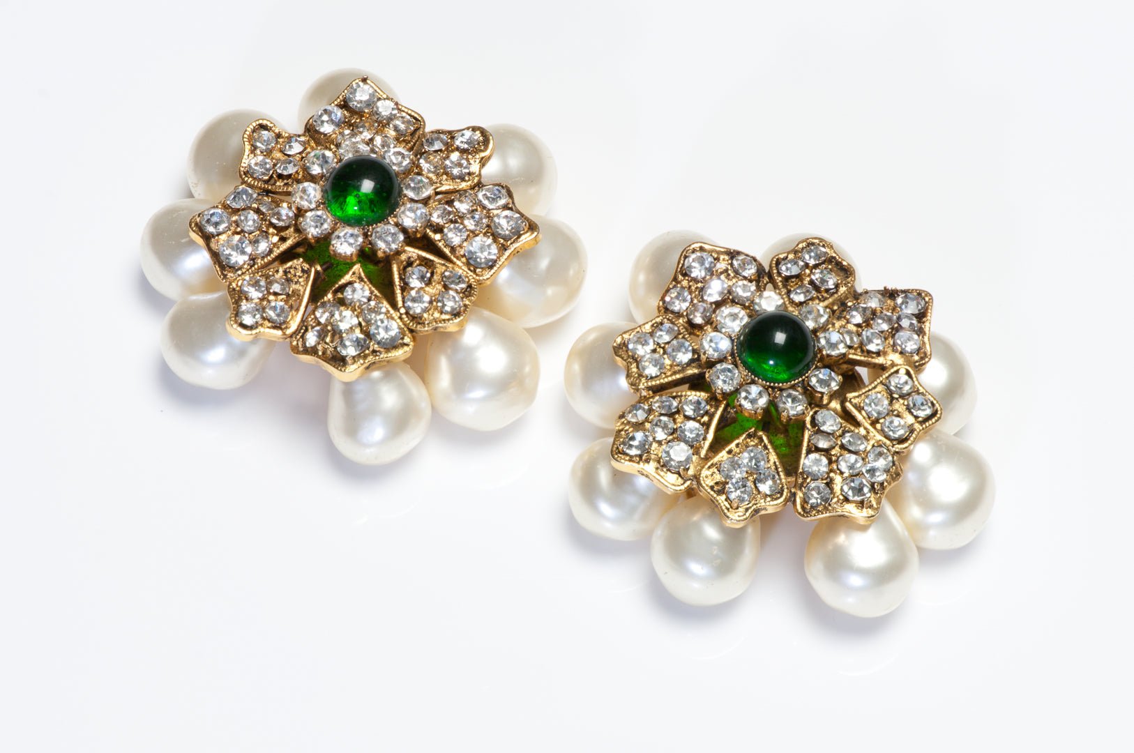 Chanel Paris 1990’s Gripoix Green Glass Crystal Pearl Camellia Flower Earrings