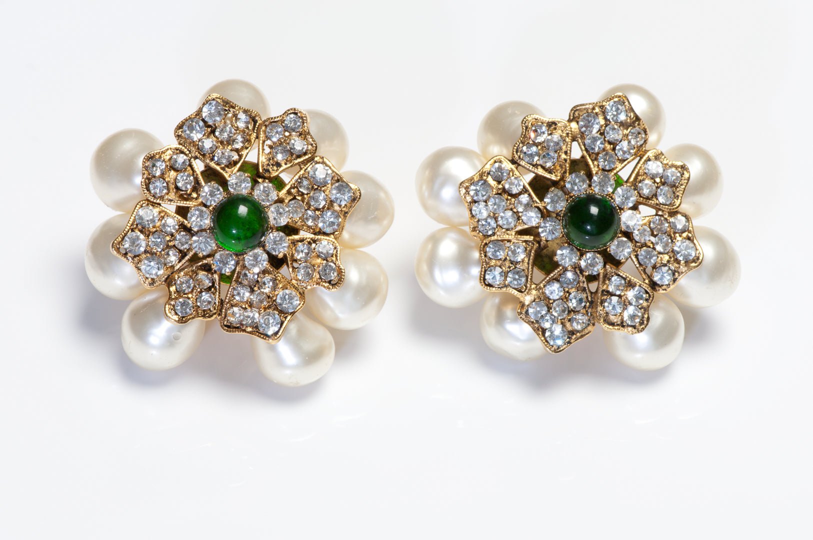 Chanel Paris 1990’s Gripoix Green Glass Crystal Pearl Camellia Flower Earrings