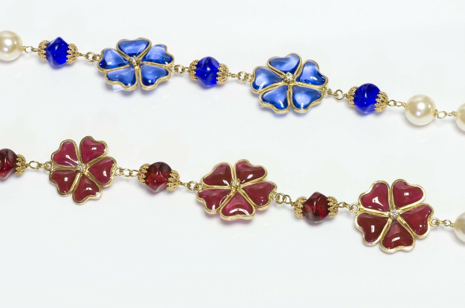 CHANEL Paris 1990’s Gripoix Red Green Blue Camellia Glass Pearl Sautoir Necklace