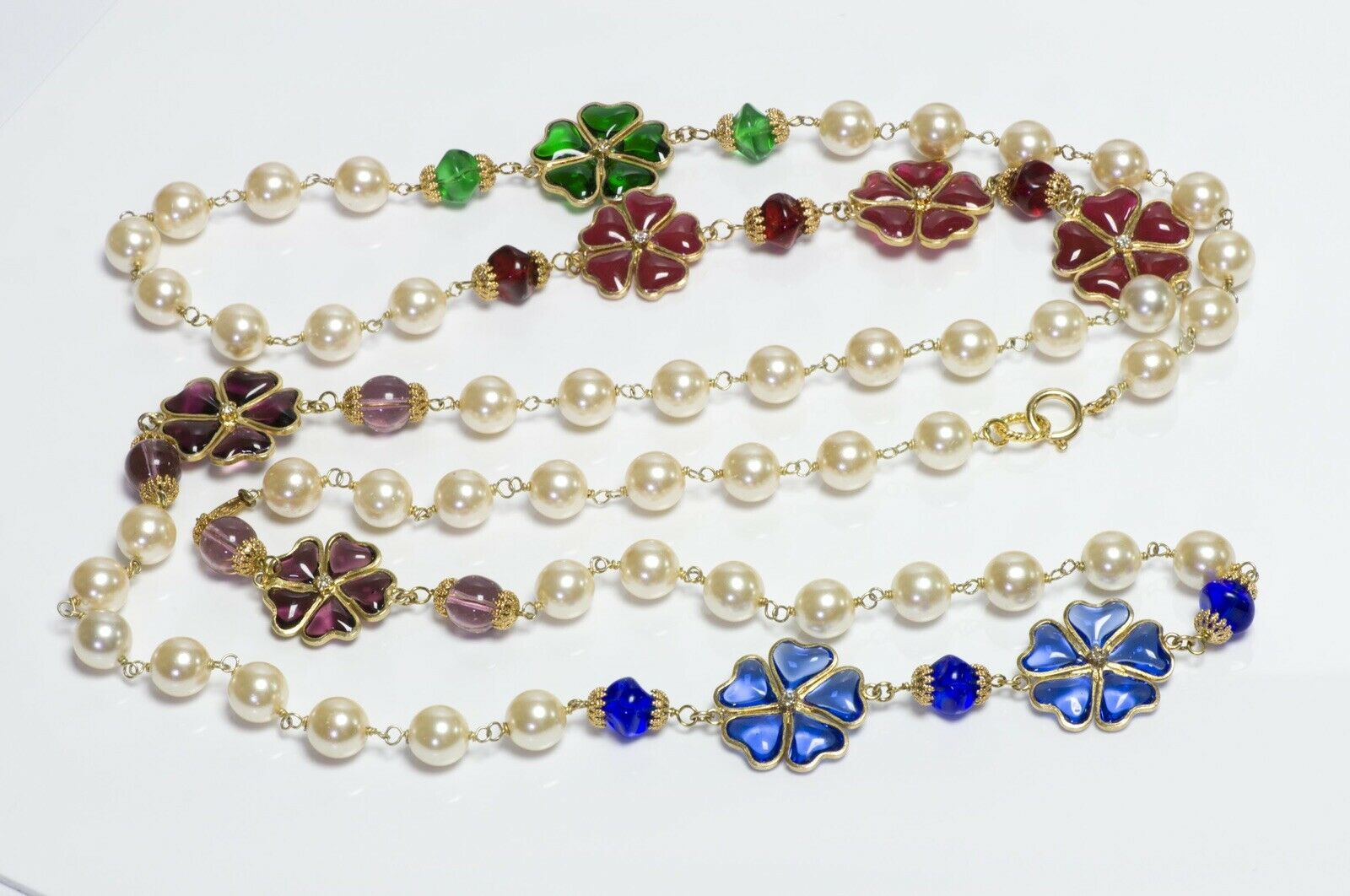 CHANEL Paris 1990’s Gripoix Red Green Blue Camellia Glass Pearl Sautoir Necklace - DSF Antique Jewelry