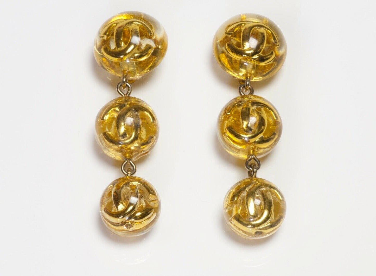 CHANEL Paris 1990’s Long CC Yellow Lucite Ball Drop Earrings