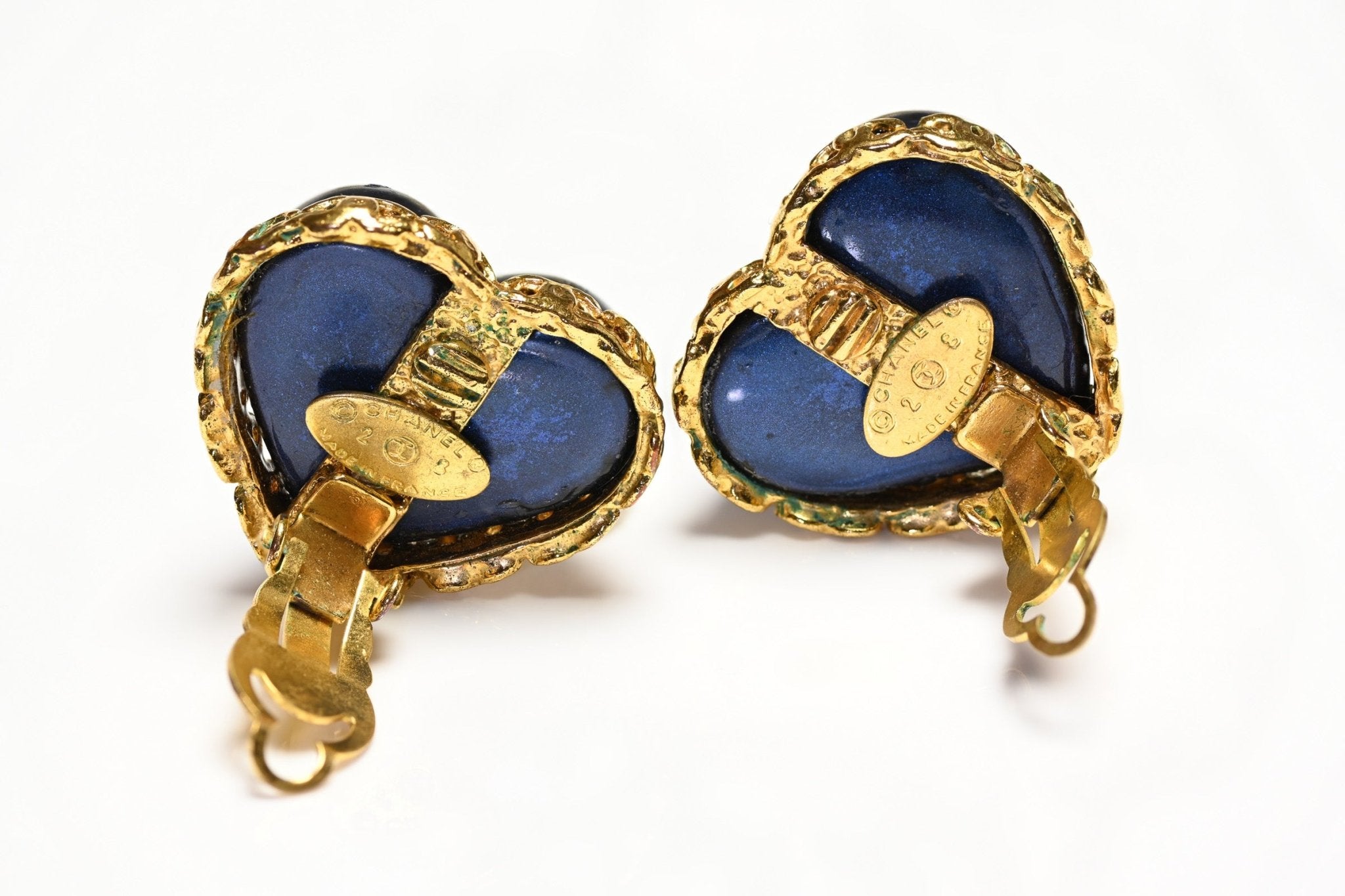 Chanel Paris 1990’s Maison Gripoix Blue Glass Puffy Heart CC Earrings