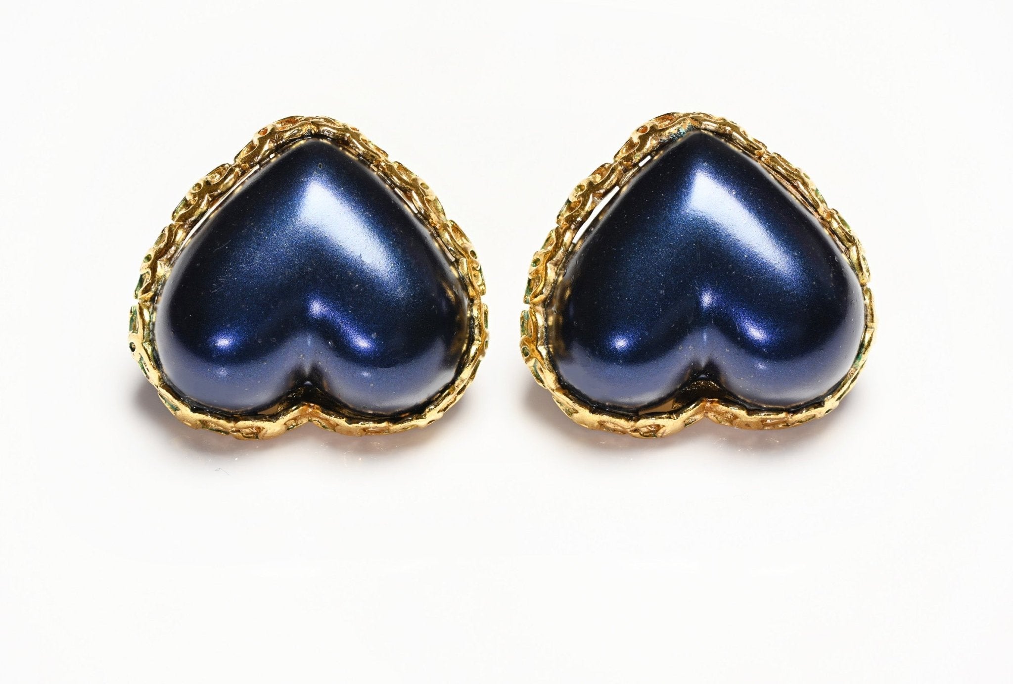 Chanel Paris 1990’s Maison Gripoix Blue Glass Puffy Heart CC Earrings