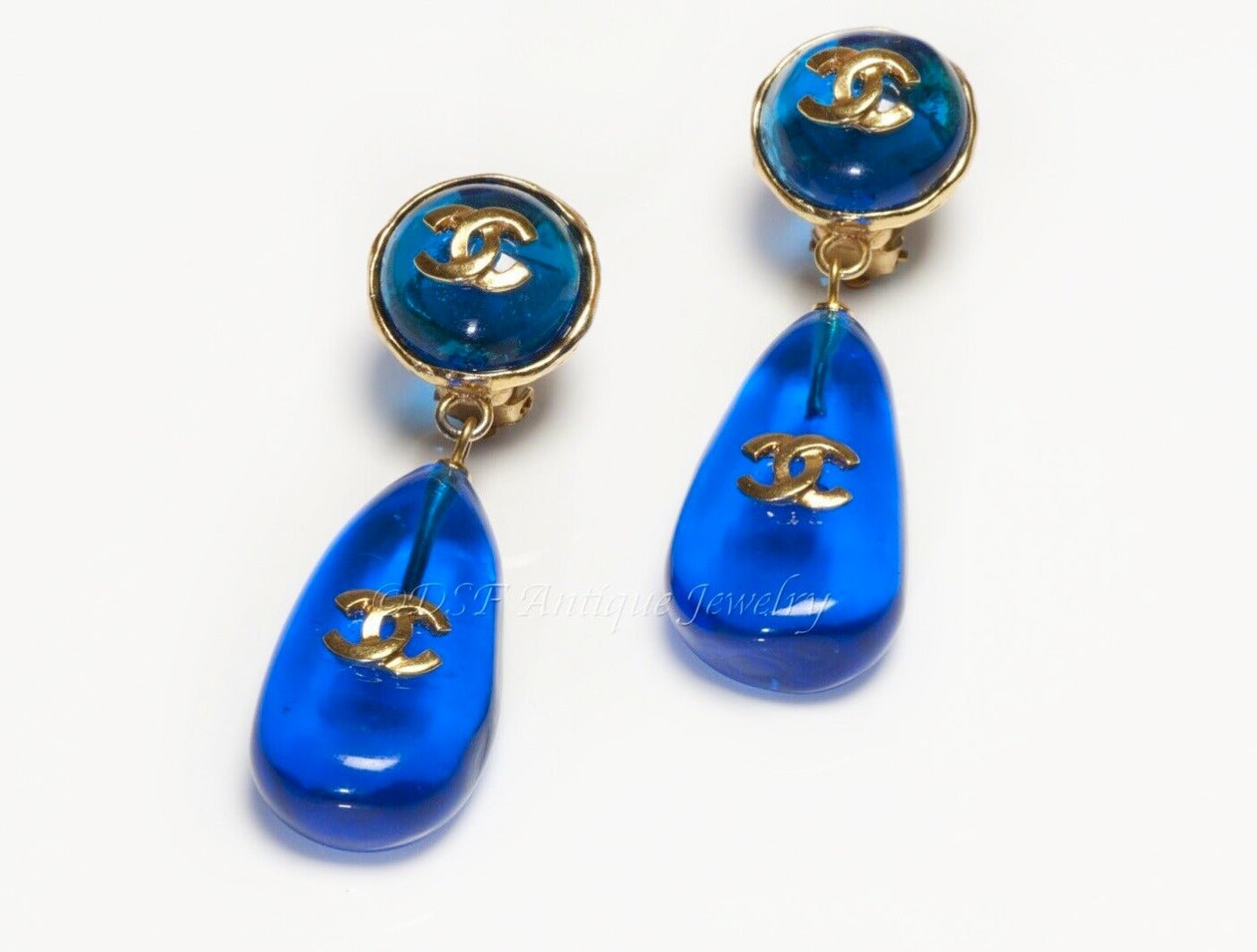 CHANEL Paris 1990’s Maison Gripoix CC Blue Glass Drop Earrings - DSF Antique Jewelry