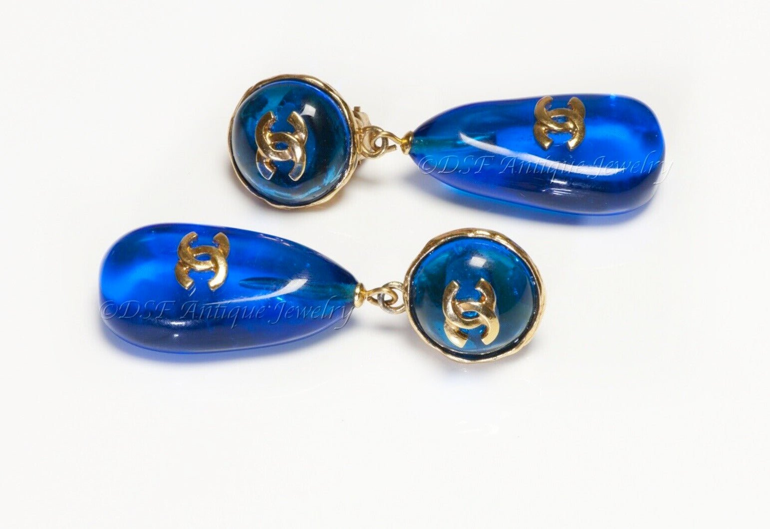 CHANEL Paris 1990’s Maison Gripoix CC Blue Glass Drop Earrings