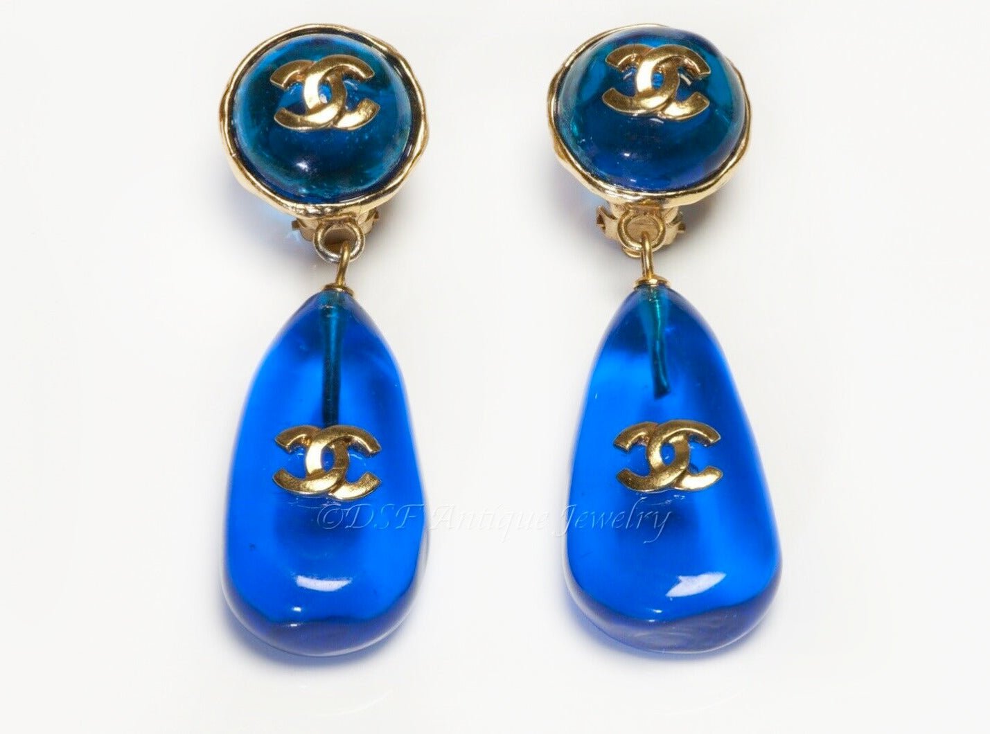 CHANEL Paris 1990’s Maison Gripoix CC Blue Glass Drop Earrings - DSF Antique Jewelry