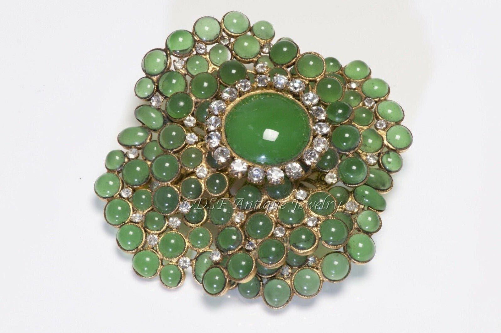 CHANEL Paris 1990’s Maison Gripoix Green Glass Crystal Camellia Flower Brooch - DSF Antique Jewelry