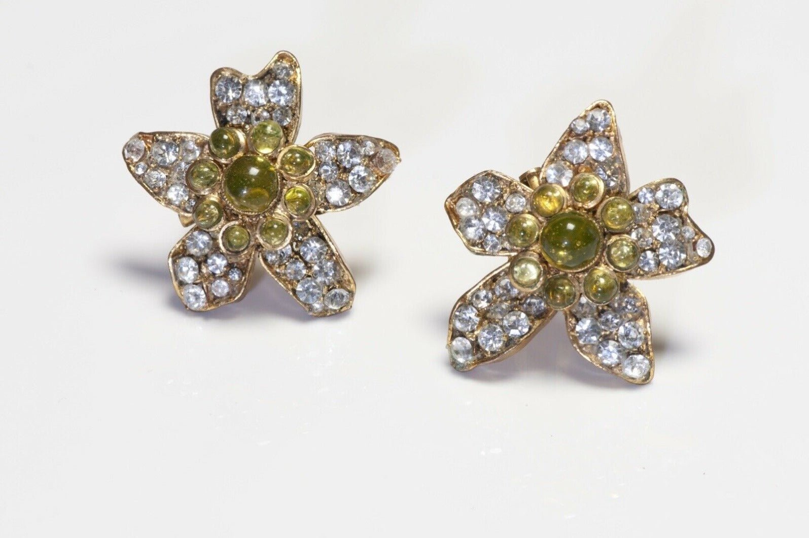 CHANEL Paris 1990’s Maison Gripoix Green Glass Crystal Camellia Flower Earrings - DSF Antique Jewelry