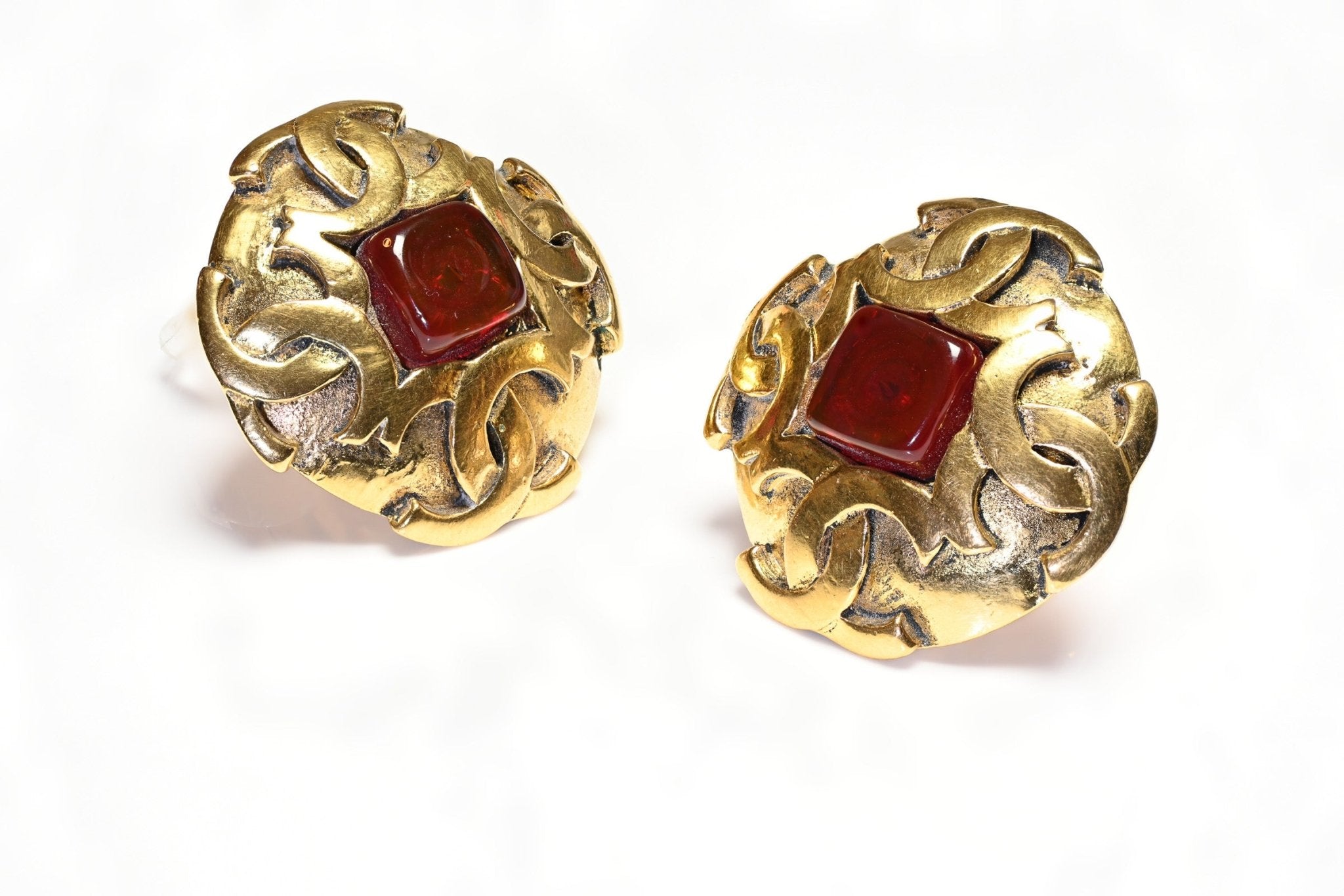 Chanel Paris 1990’s Maison Gripoix Red Glass Gold Plated CC Earrings