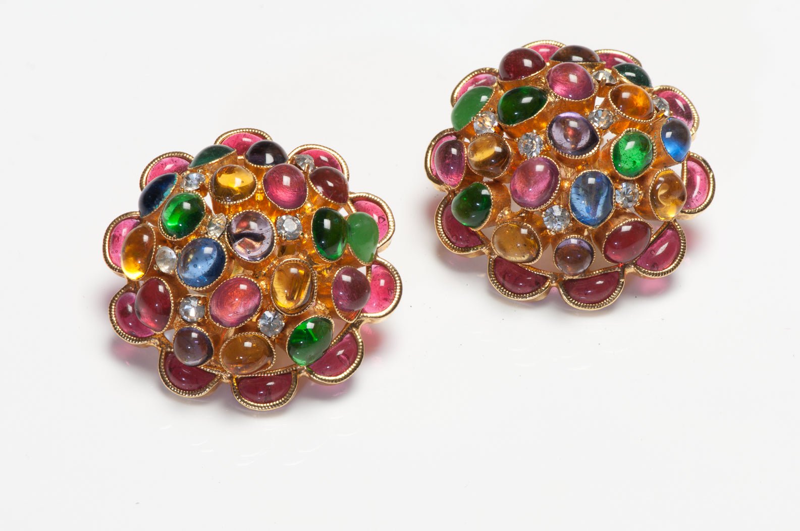 Chanel Paris 1990's Maison Gripoix Red Pink Green Blue Glass Camellia Earrings