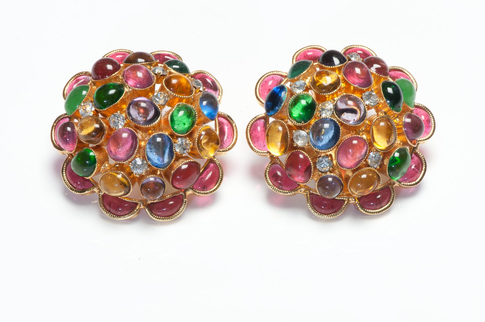 Chanel Paris 1990's Maison Gripoix Red Pink Green Blue Glass Camellia Earrings