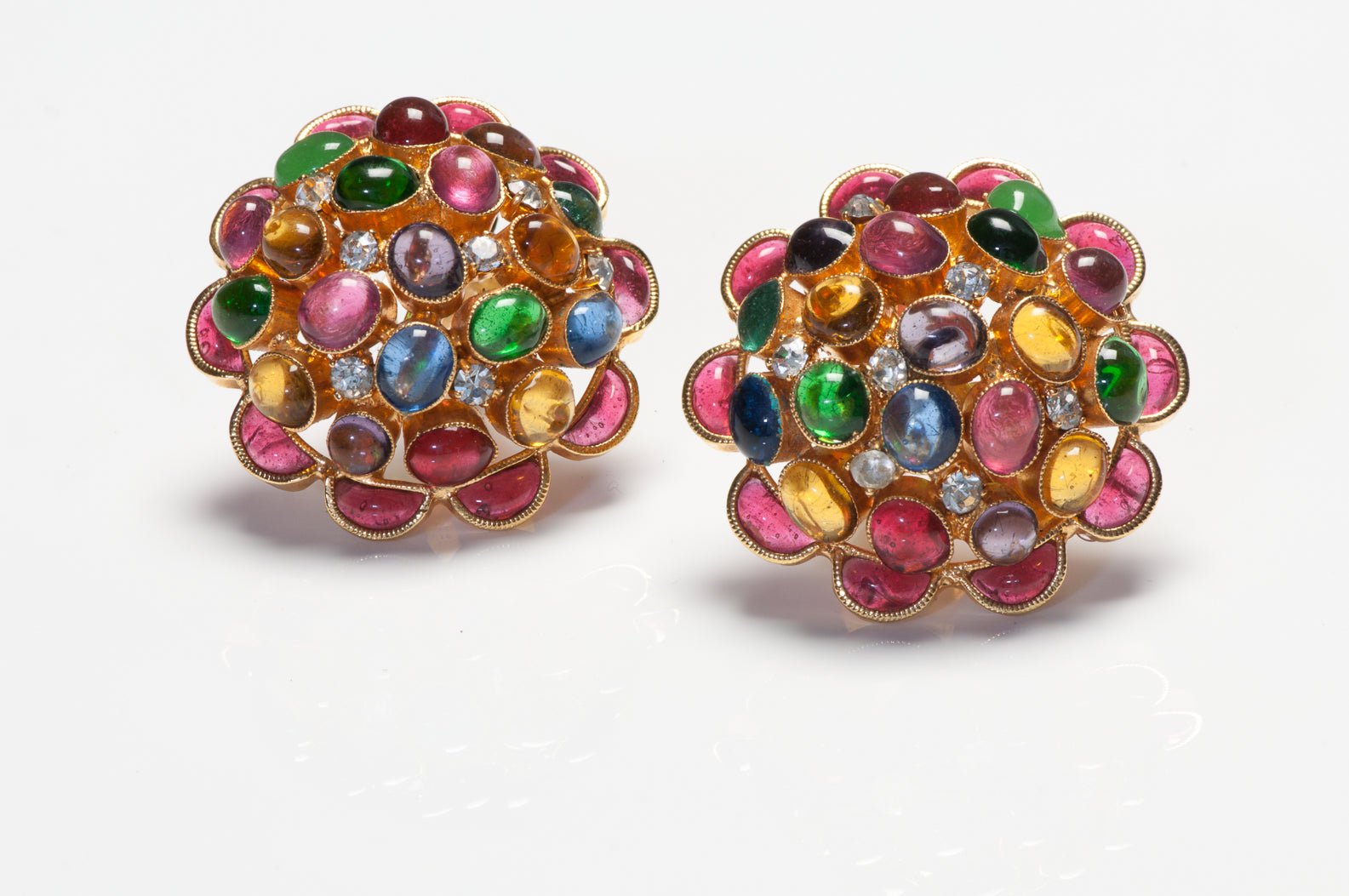 Chanel Paris 1990's Maison Gripoix Red Pink Green Blue Glass Camellia Earrings - DSF Antique Jewelry
