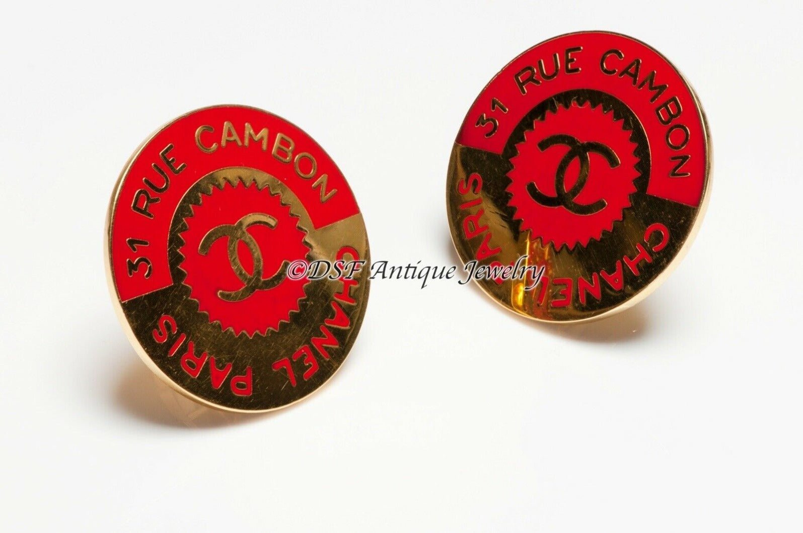 CHANEL Paris 1990’s Red Enamel 31 Rue Cambon CC Coin Earrings