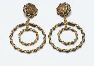 CHANEL Paris 1993 Extra Long CC Black Leather Double Hoop Earrings