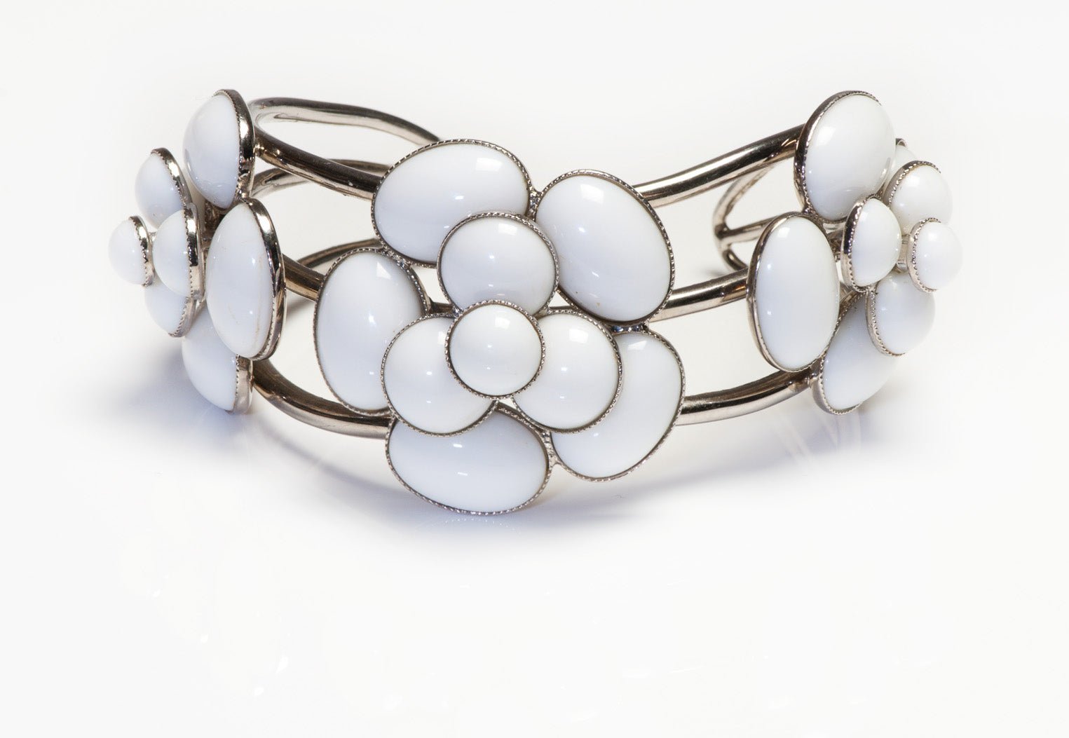 Chanel Paris 1998 Gripoix White Glass Camellia Flower Cuff Bracelet