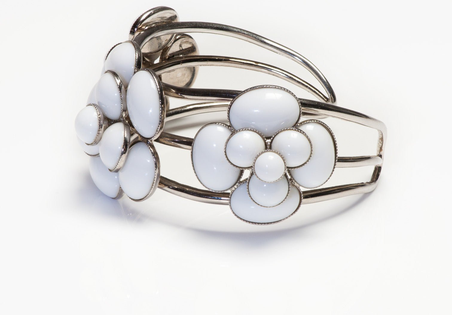 Chanel Paris 1998 Gripoix White Glass Camellia Flower Cuff Bracelet