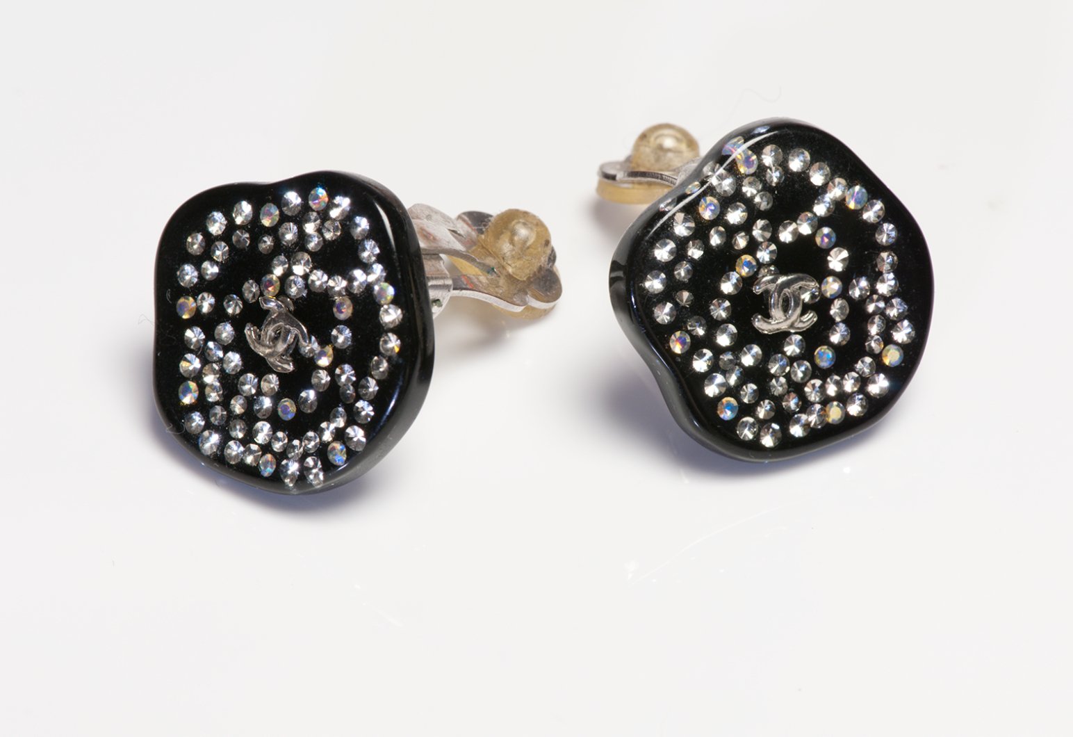 CHANEL Paris 2003 Fall CC Black Resin Camellia Flower Crystal Earrings - DSF Antique Jewelry