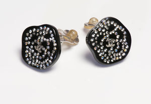 CHANEL Paris 2003 Fall CC Black Resin Camellia Flower Crystal Earrings