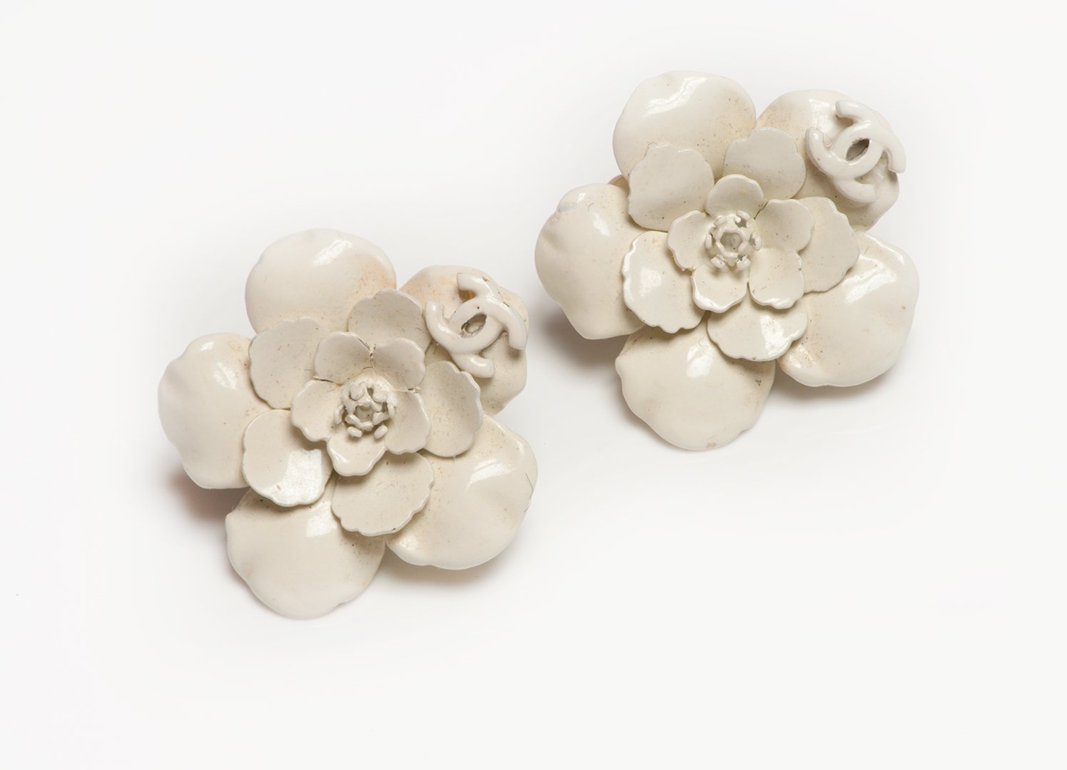 Chanel Paris 2004 Spring White Enamel Camellia Earrings