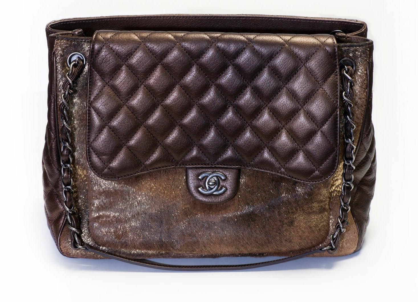 CHANEL Paris 2015 Brown Ombré Quilted Leather Mink Fur Tote Bag