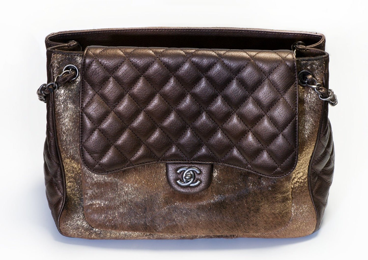 CHANEL Paris 2015 Brown Ombré Quilted Leather Mink Fur Tote Bag