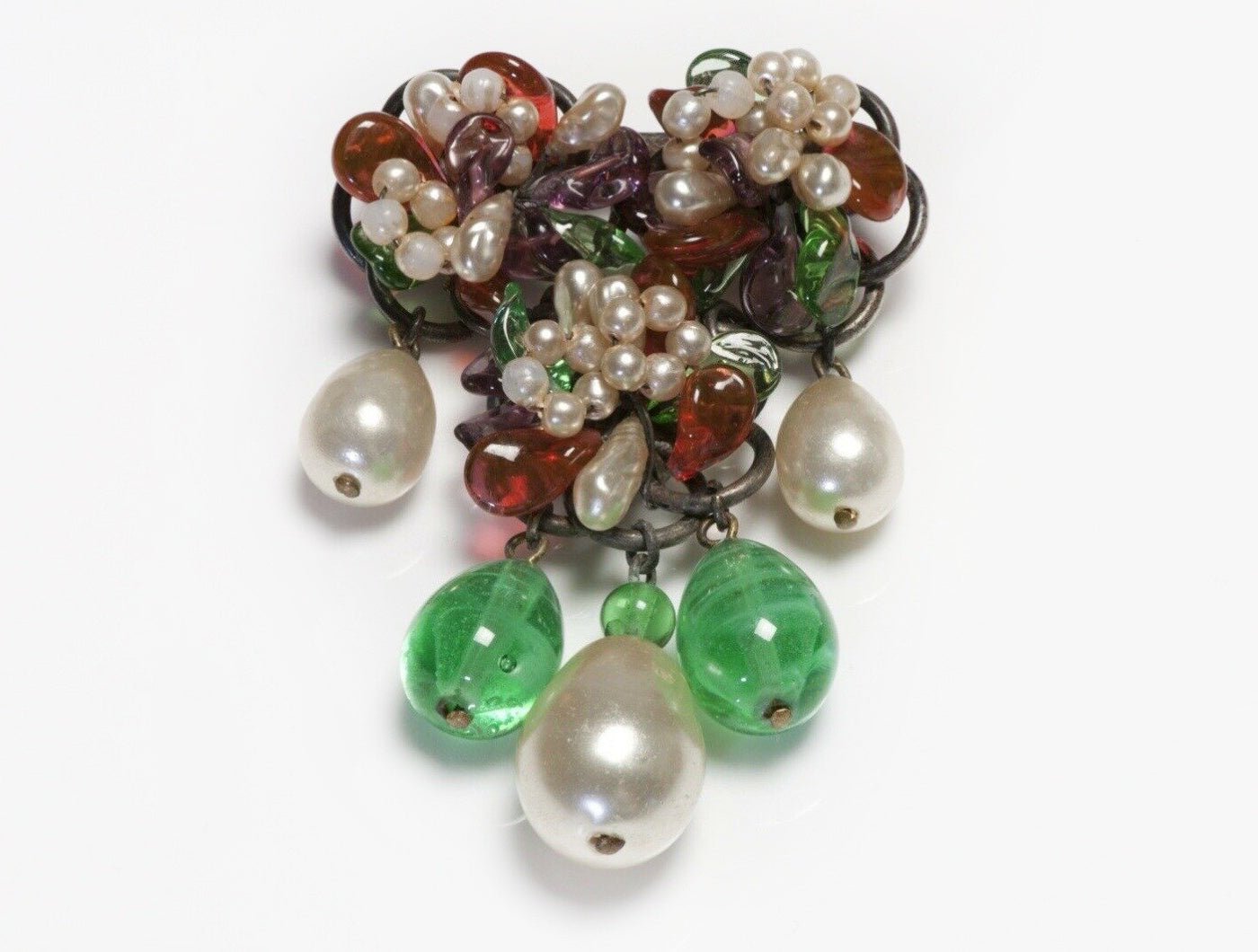 Chanel Paris by Louis Rousselet 1930's Green Red Poured Glass Flower Brooch