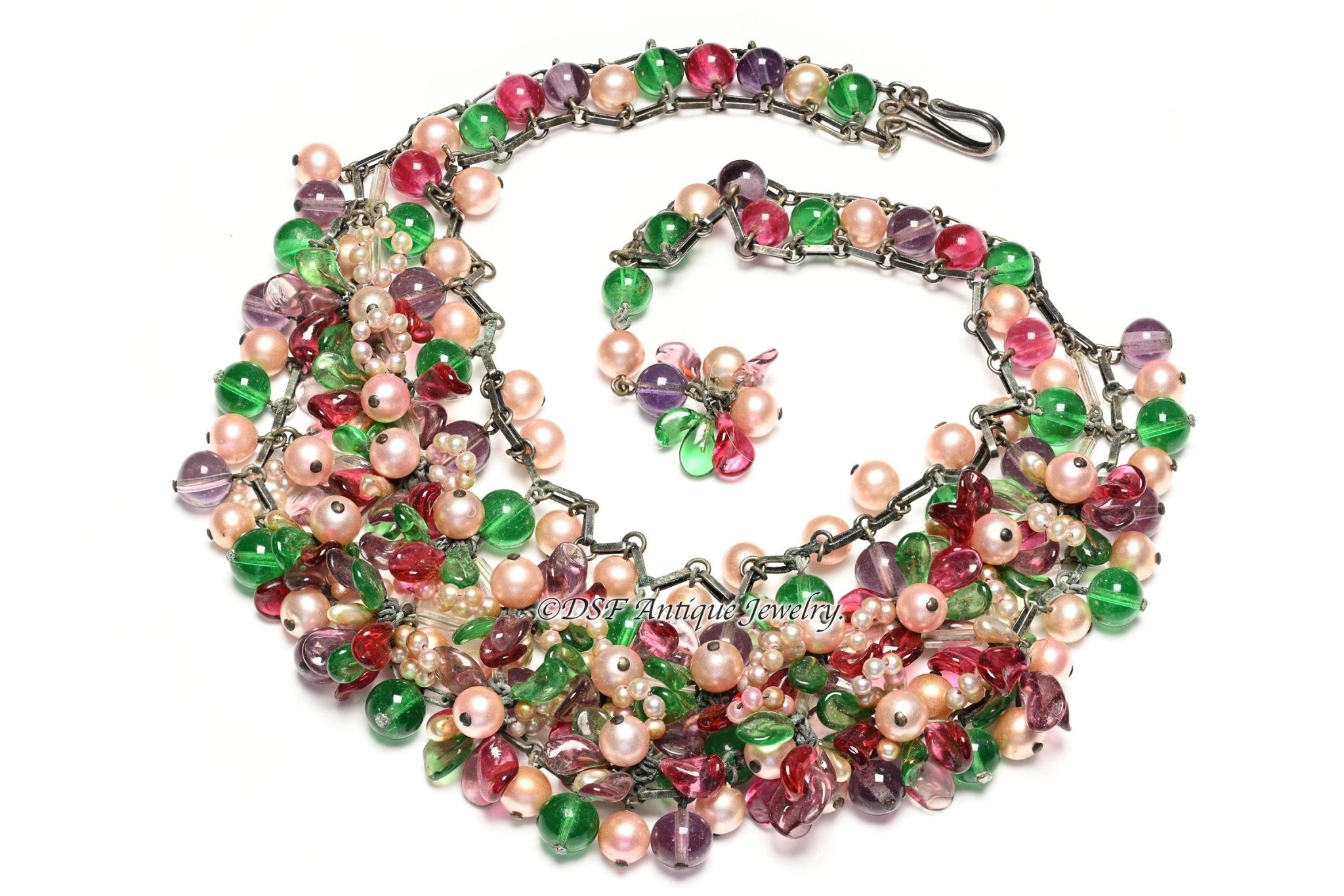 Chanel Paris by Louis Rousselet 1930’s Red Green Purple Glass Pearl Beads Necklace - DSF Antique Jewelry