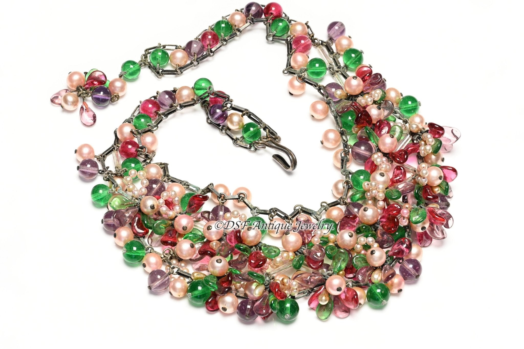 Chanel Paris by Louis Rousselet 1930’s Red Green Purple Glass Pearl Beads Necklace